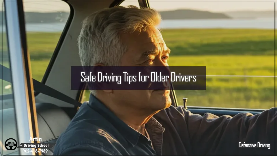 Older driver focused and alert, driving safely on a Nova Scotia roadway.