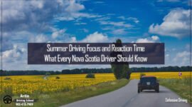 Car driving through a bright summer road surrounded by yellow fields under a blue sky, symbolizing how summer weather affects driving focus and reaction time.