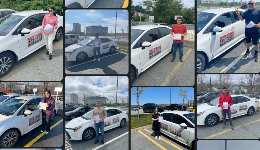 Successful graduates of Artin Driving School proudly holding their completion certificates beside training cars marked with 'Driver Training' signage in Halifax, Nova Scotia.