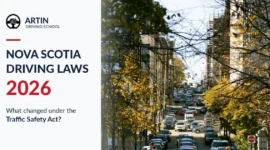 Real Halifax traffic in autumn with Artin Driving School branding and the headline Nova Scotia Driving Laws 2026.